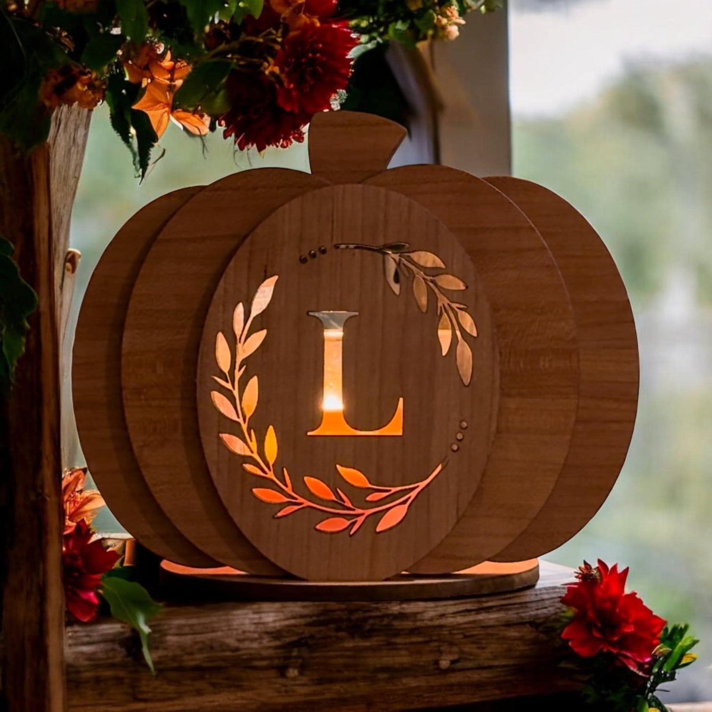 Custom Wood Monogram 3D Pumpkin Tea Light Holder