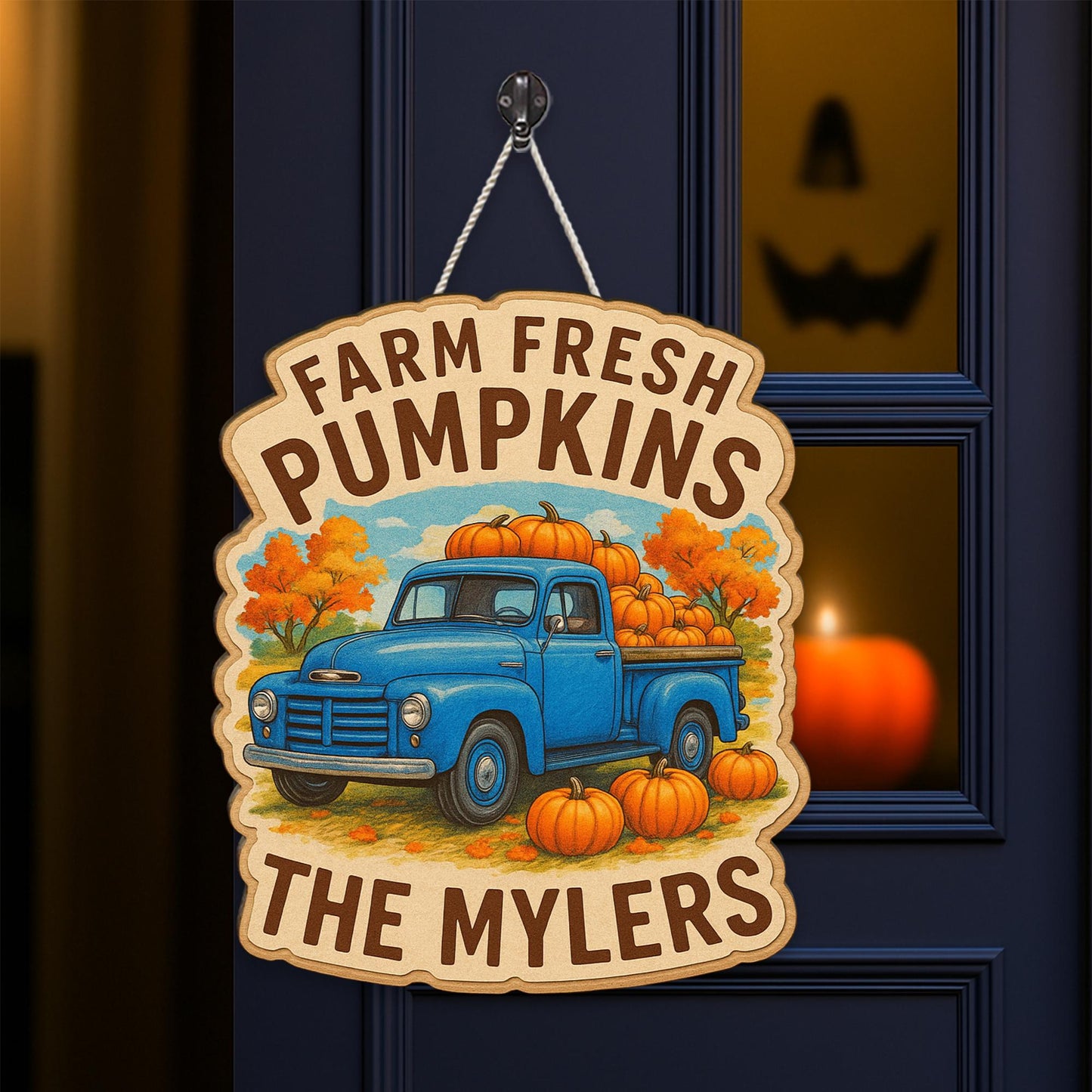 Farm Fresh Pumpkins Wooden Sign with Blue Truck