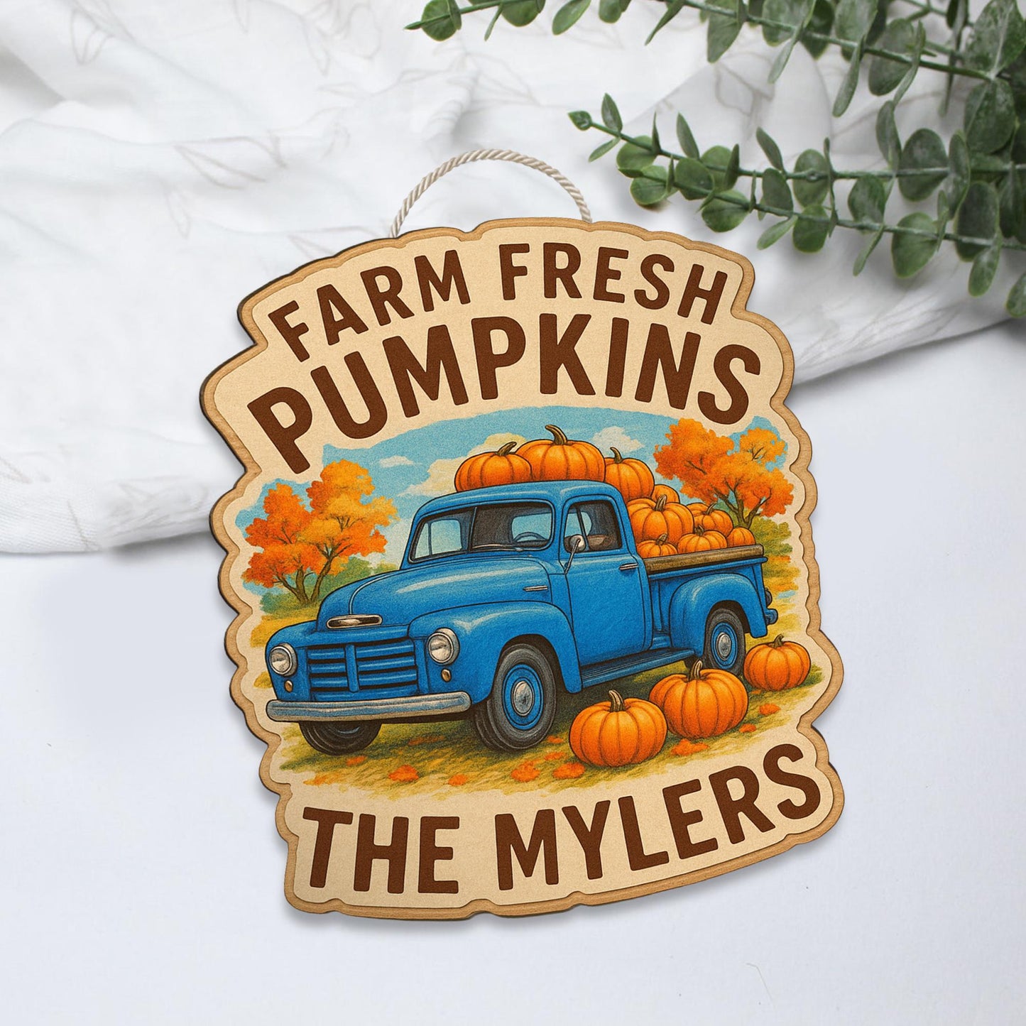 Farm Fresh Pumpkins Wooden Sign with Blue Truck