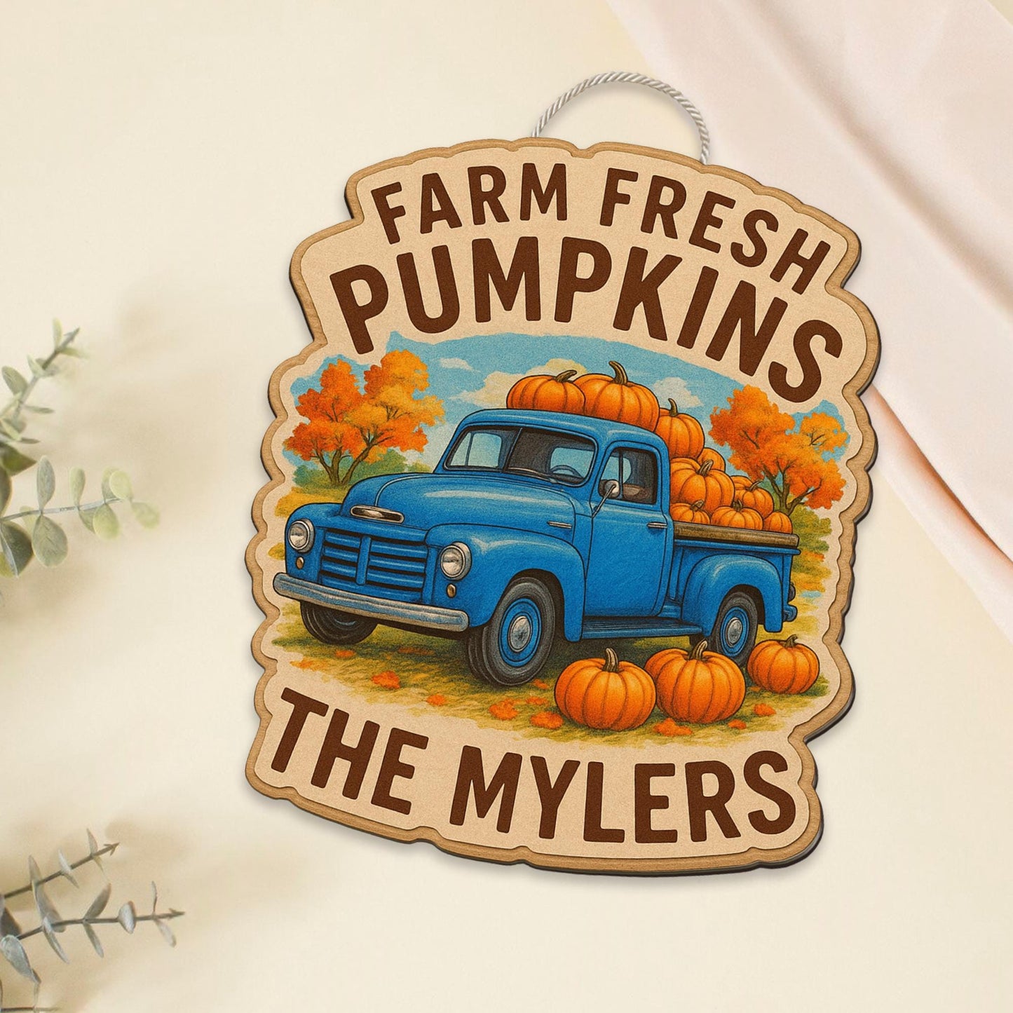 Farm Fresh Pumpkins Wooden Sign with Blue Truck