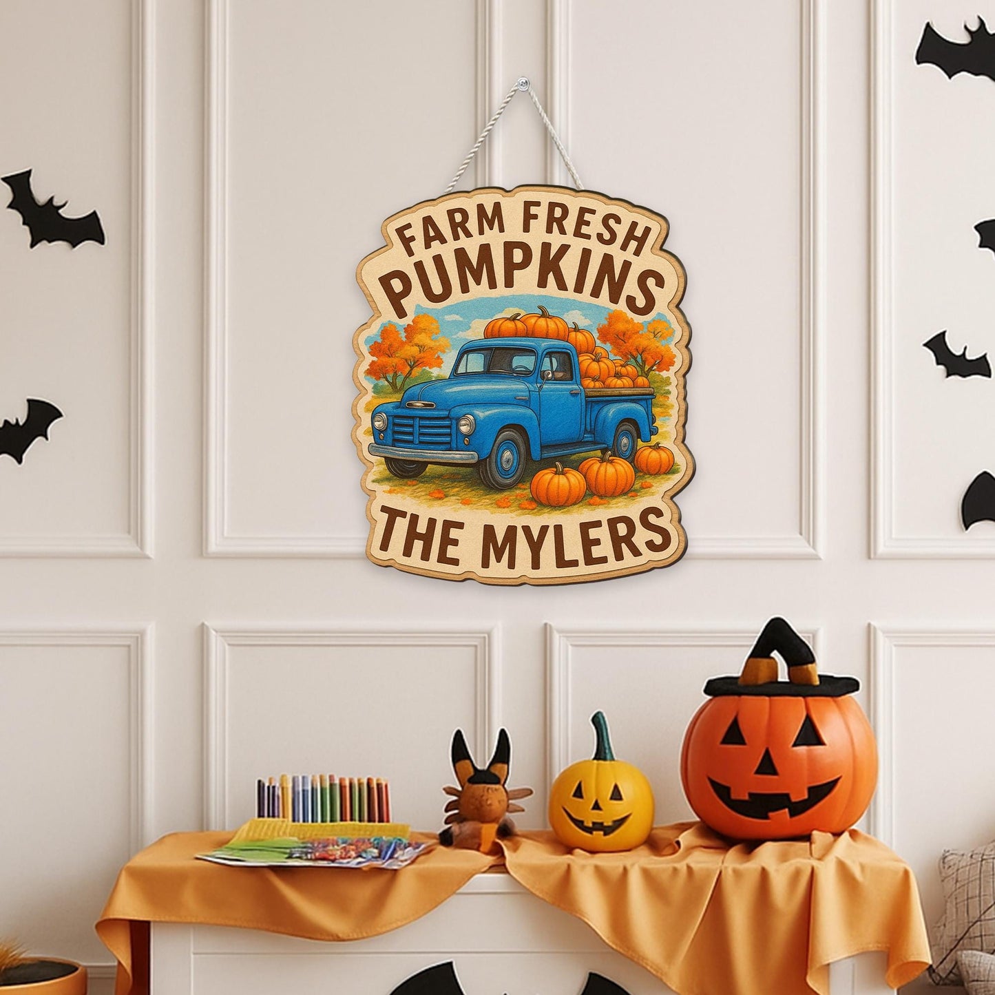 Farm Fresh Pumpkins Wooden Sign with Blue Truck