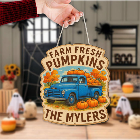 Farm Fresh Pumpkins Wooden Sign with Blue Truck
