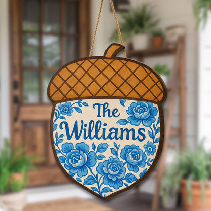Personalized Fall Door Hanger with Blue Floral